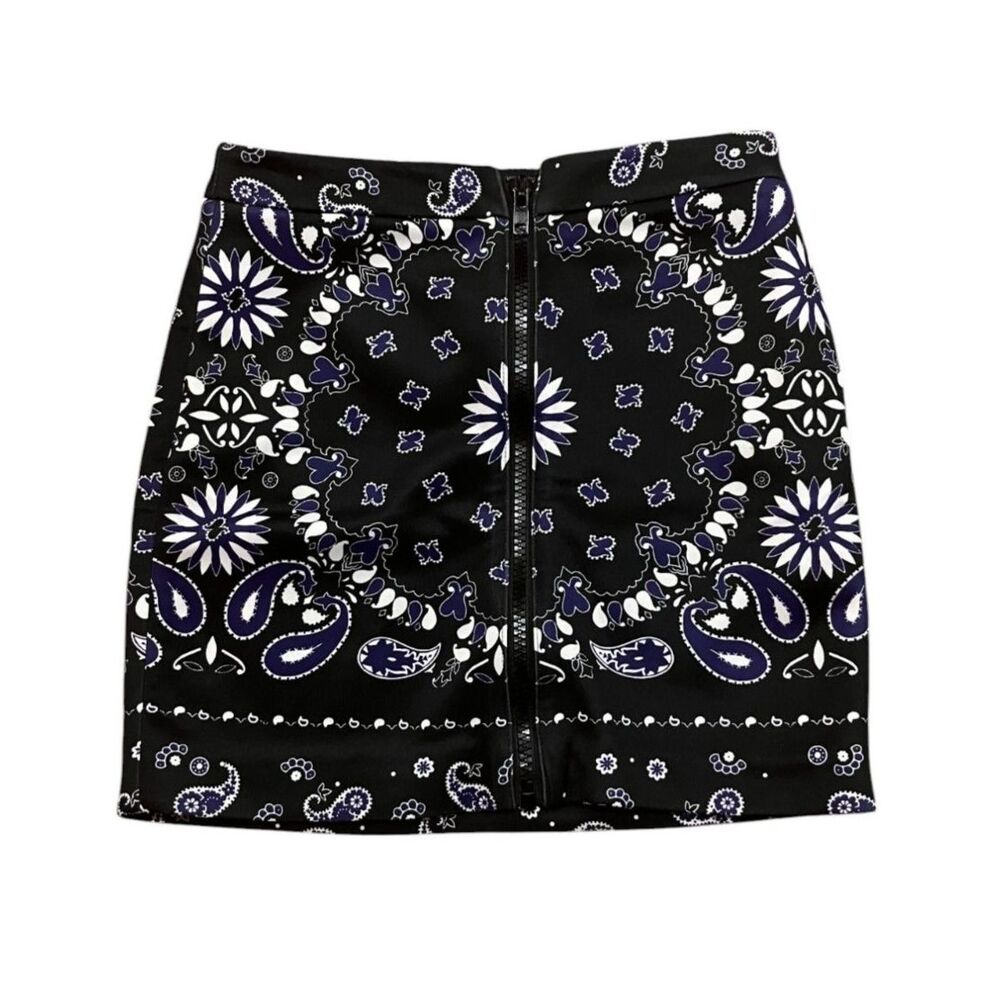 NASTY GAL Blue & White Print Mini Skirt Front Zipper Sz S